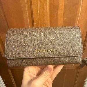 Michael Kors Brown Monogram Continental Wallet with Gold Logo